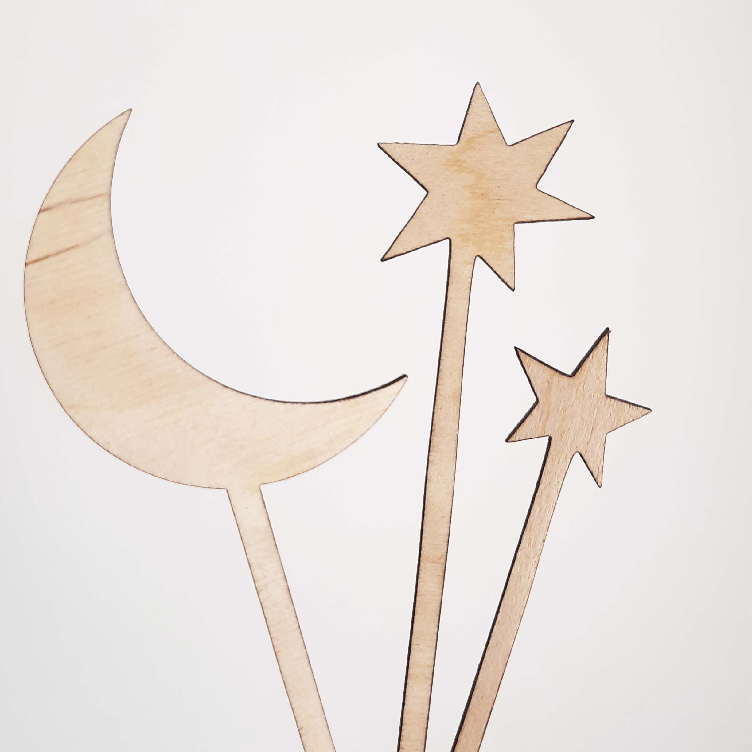 Moon and stars - wood 3 pk cake toppers