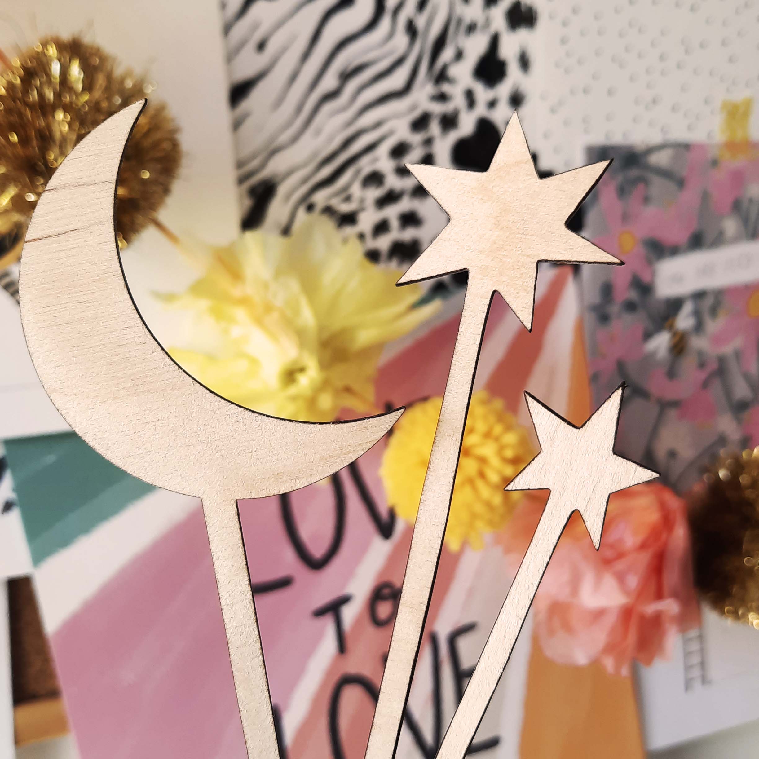 Moon and stars - wood 3 pk cake toppers